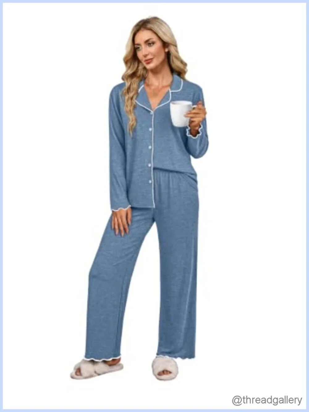 Women's Pajama Set Ruffle Long Sleeve Button Up 2 Piece PJs Lounge Sleepwear